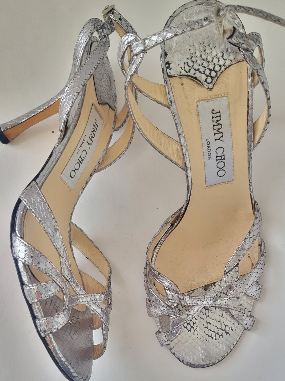 Jimmy Choo Silver Snake-Print Strappy Heels Sandals size 36.5